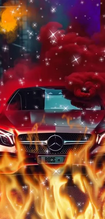 Luxurious car engulfed in flames and smoke with a vivid red backdrop.