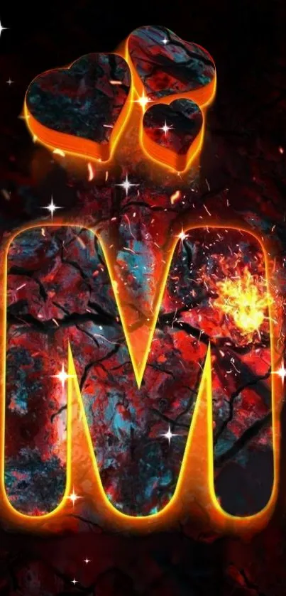 Fiery letter M with glowing hearts in vibrant colors for mobile wallpaper.