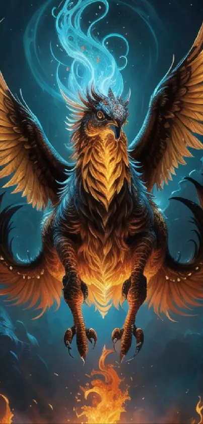 A majestic fiery creature with bright blue flames, perfect for fantasy enthusiasts.