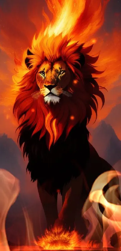 Majestic lion with fiery mane on a vibrant orange toned wallpaper.