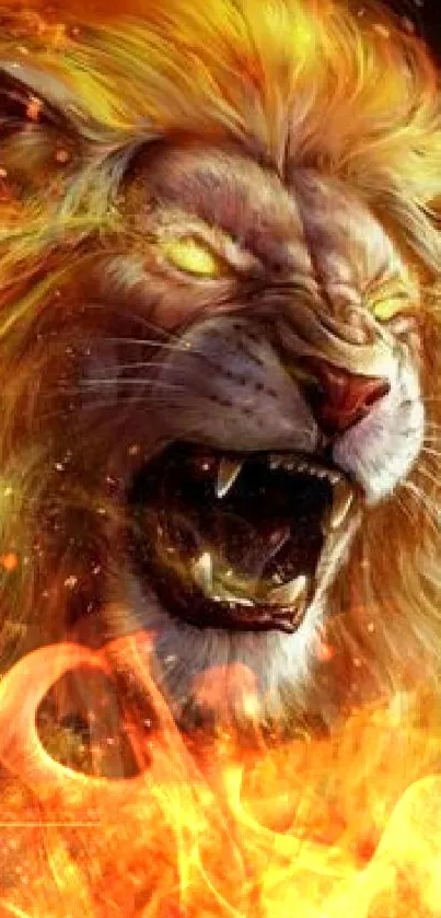 Fiery lion with roaring expression and flames art background.