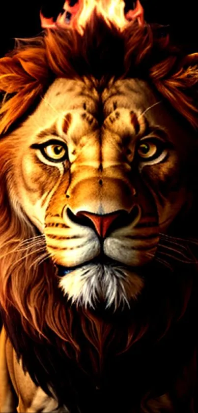 Lion with fiery mane on a dark background, showcasing majestic and wild beauty.