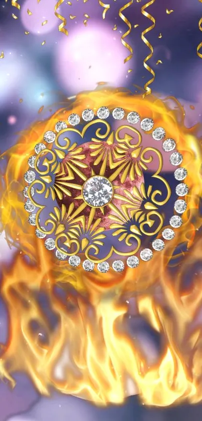 Fiery mandala with gems mobile wallpaper.