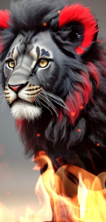 Fantastical lion with a fiery red and black mane on a mobile wallpaper background.