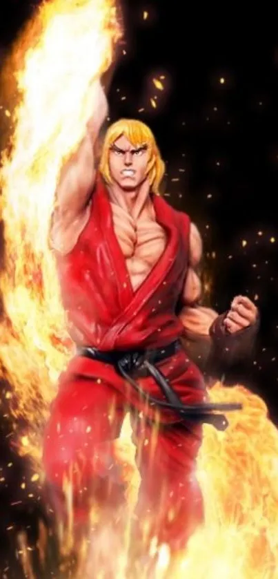 Martial artist in red with fiery background.