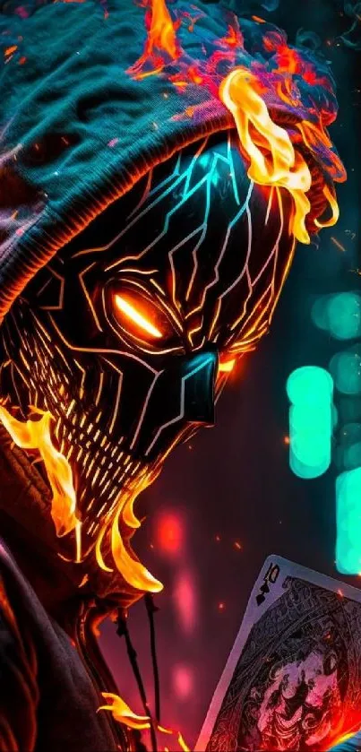 Fiery masked figure with neon accents in digital art wallpaper.