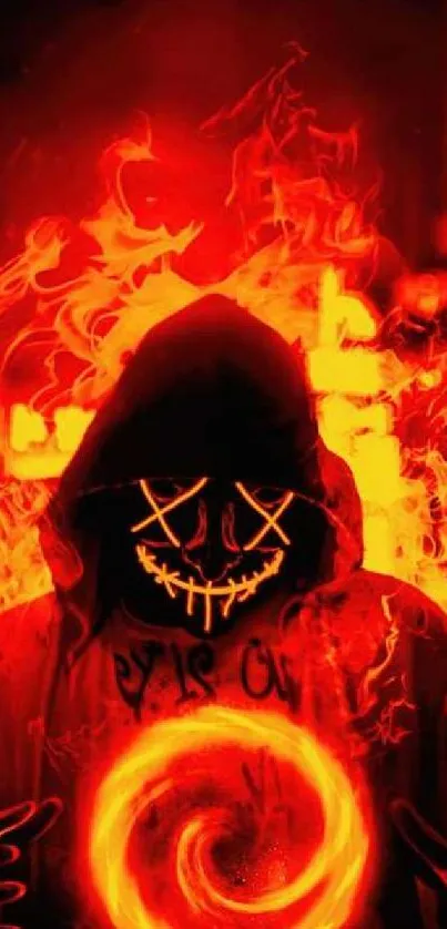 A masked figure surrounded by vibrant flames.