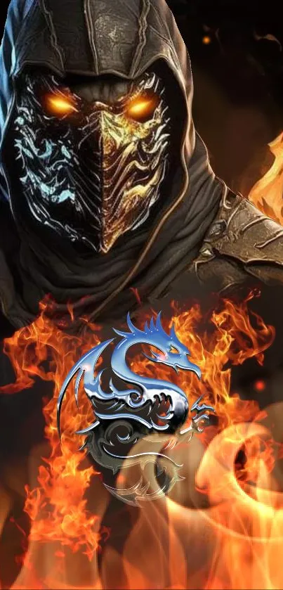 Masked warrior with fiery background and dragon emblem.