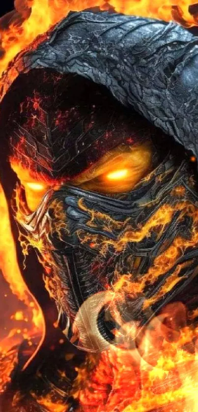 Fiery warrior with glowing eyes in vibrant flames for mobile wallpaper.