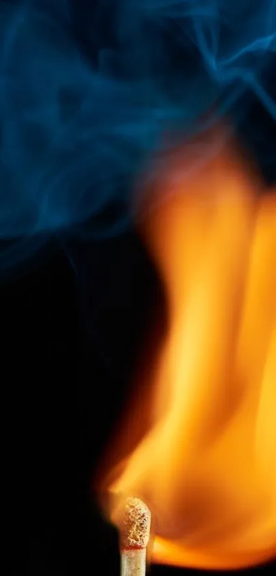 A vibrant match flame with smoke on a dark background, perfect for mobile display.