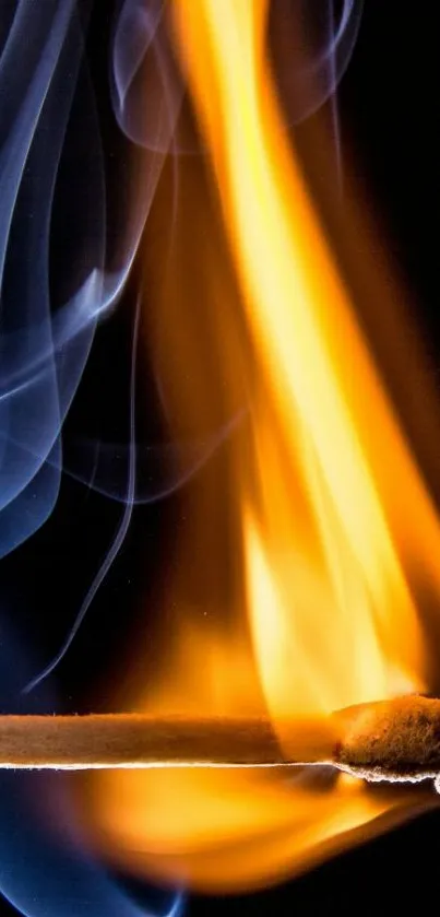 Mobile wallpaper of a matchstick ignited with blue smoke and orange flame.