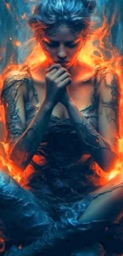 Meditative figure surrounded by fire