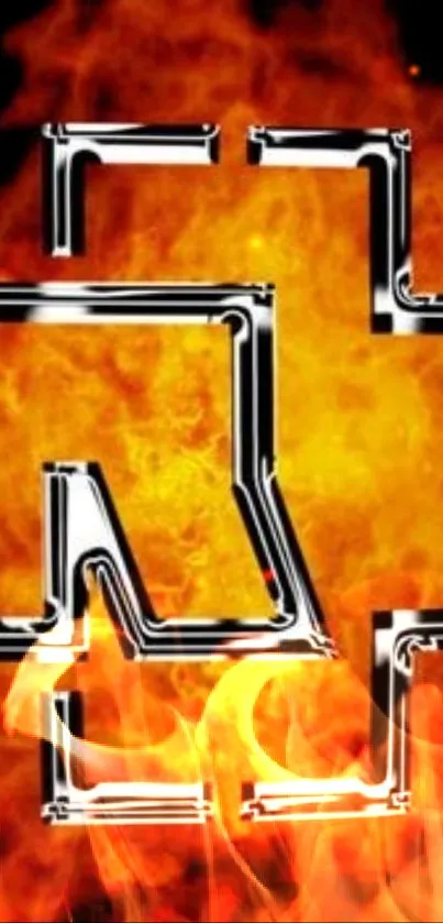 Fiery metal cross with flaming background.