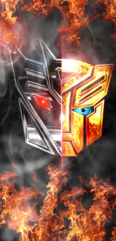 Fiery metallic robot face surrounded by flames.