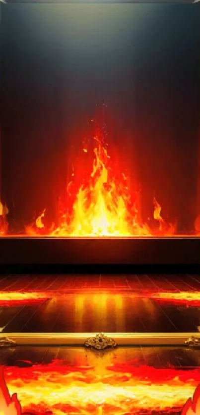 Golden mirror with fiery flames wallpaper.