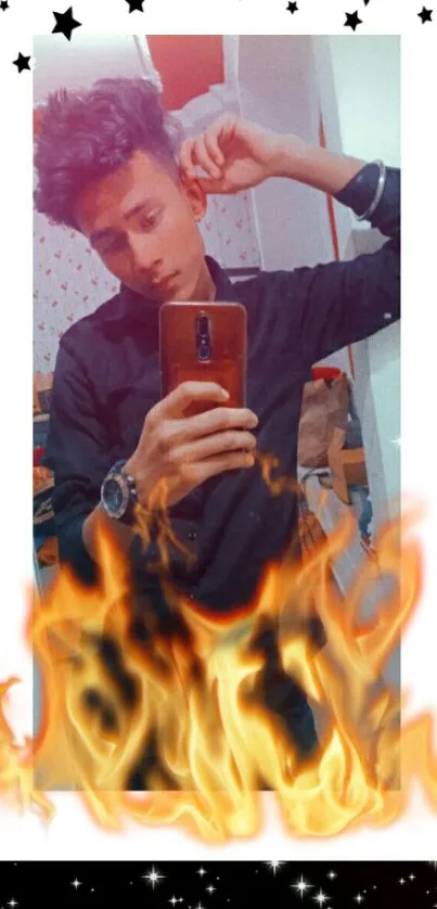 Mirror selfie with fiery flames and a starry border.