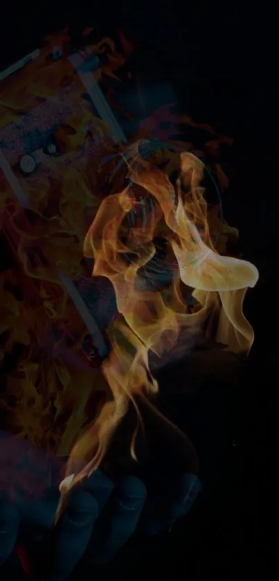 Mobile phone engulfed in artistic flames on a dark background.