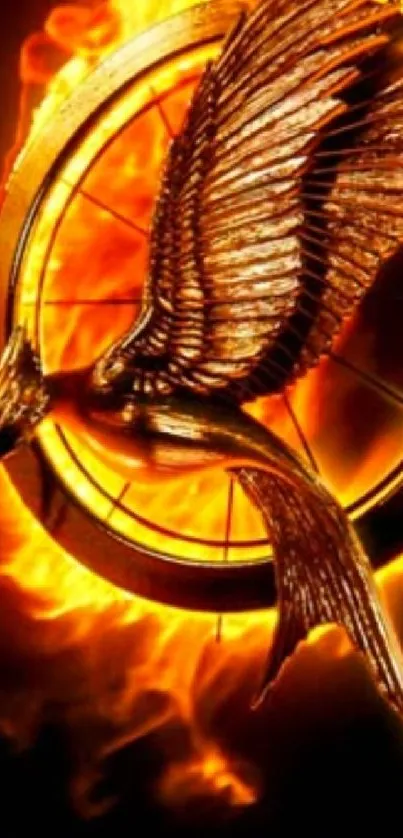 The Catching Fire Mockingjay emblem with fiery orange background.