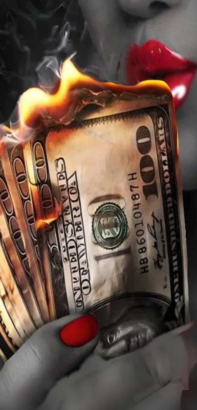 Dramatic artwork of burning dollar bills with red accents.