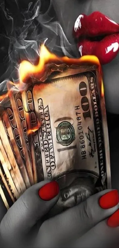 Artistic wallpaper of burning dollar bills and red accents.