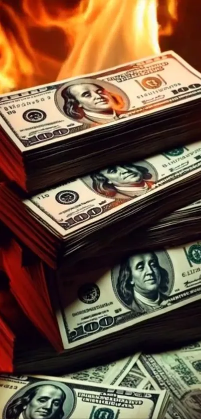 Stacks of dollar bills in front of fiery flames.