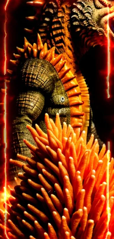 Fiery orange monster art with spikes and dynamic background.