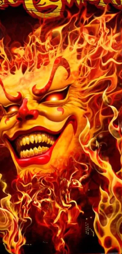 Fiery monster face engulfed in flames, vibrant and intense artwork design.