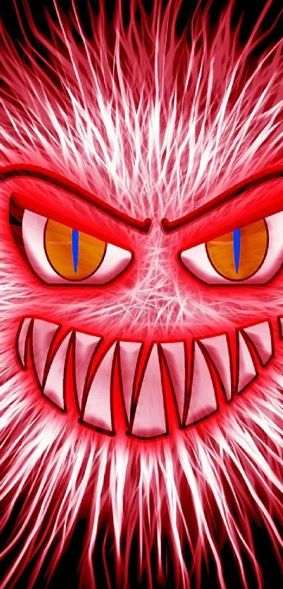 Fiery monster face with red tones and sharp teeth on a mobile wallpaper.