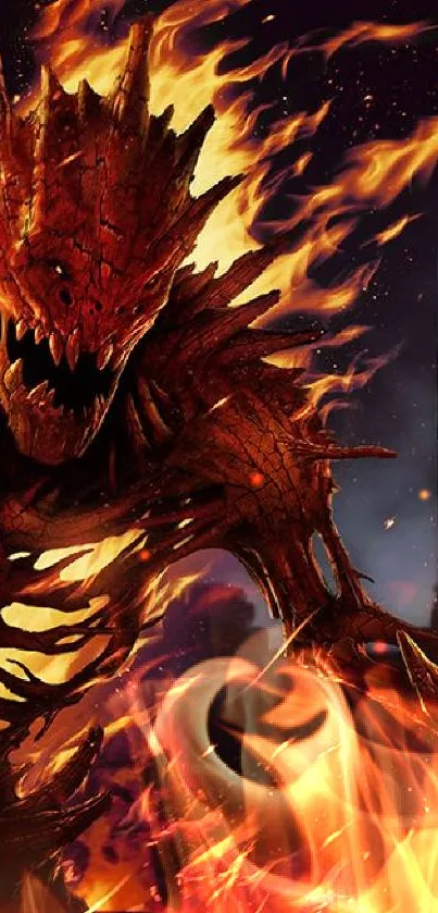 Fiery monster fantasy art with flames and dark background.