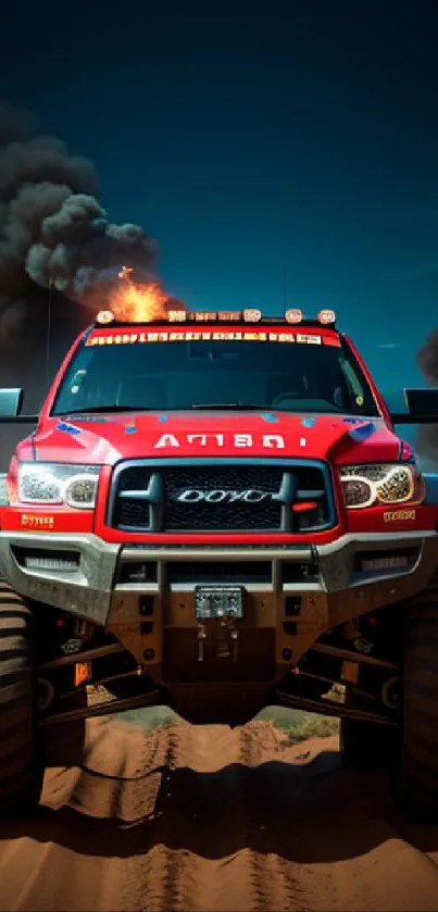 Red monster truck driving through fire and smoke in a desert setting.