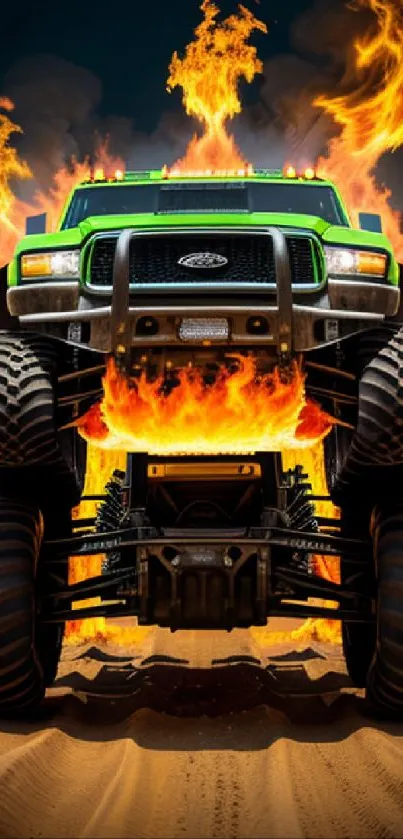 Fiery monster truck with blazing flames and green body on a dirt track.