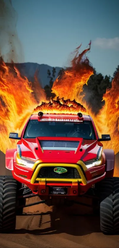 Monster truck surrounded by fiery flames on a mobile wallpaper background.