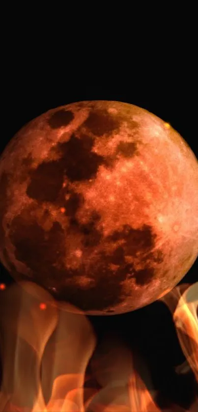 Fiery red-orange moon with flames on black background.