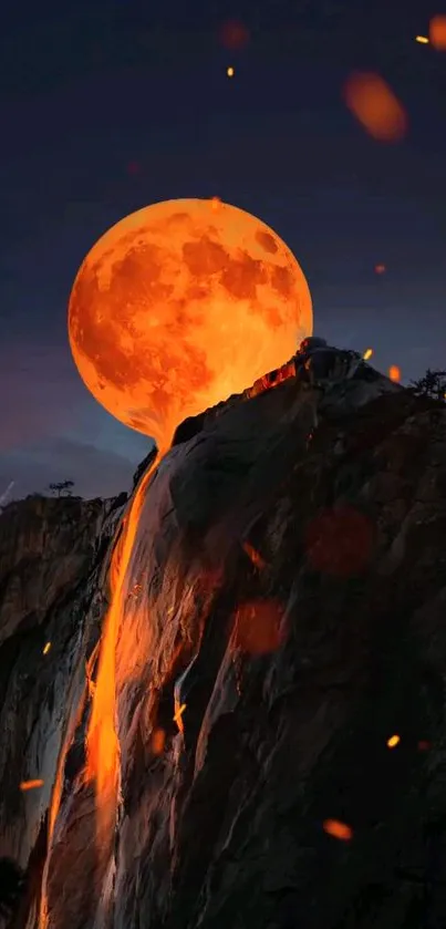 Orange moon pouring bright light over a cliff.