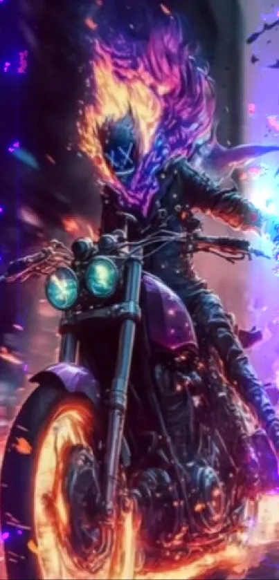 Skeleton rider on flaming motorcycle in vibrant fantasy art.