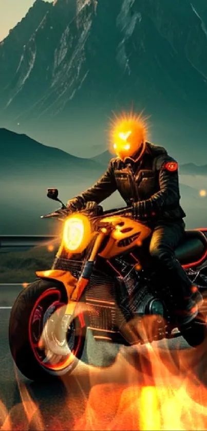 Fiery motorcycle rider on a misty mountain road.