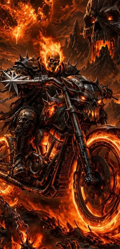 Fiery skeletal rider on blazing motorcycle in hellish landscape.