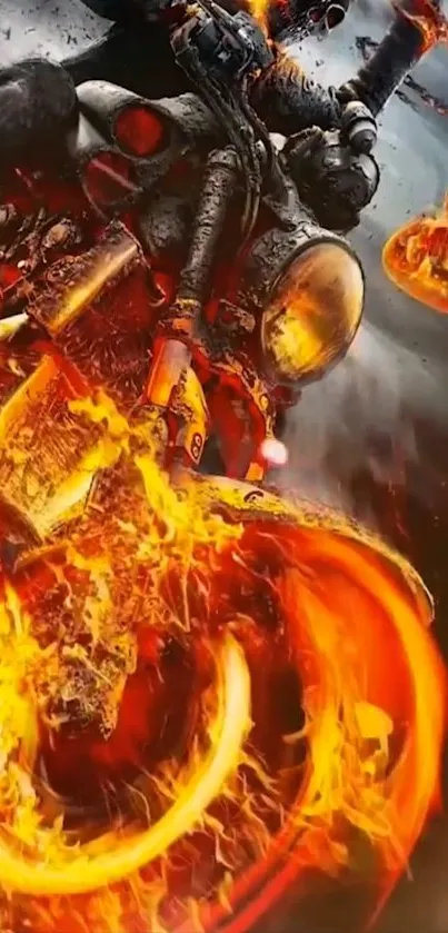 Fiery motorcycle with blazing flames and intense action scene.