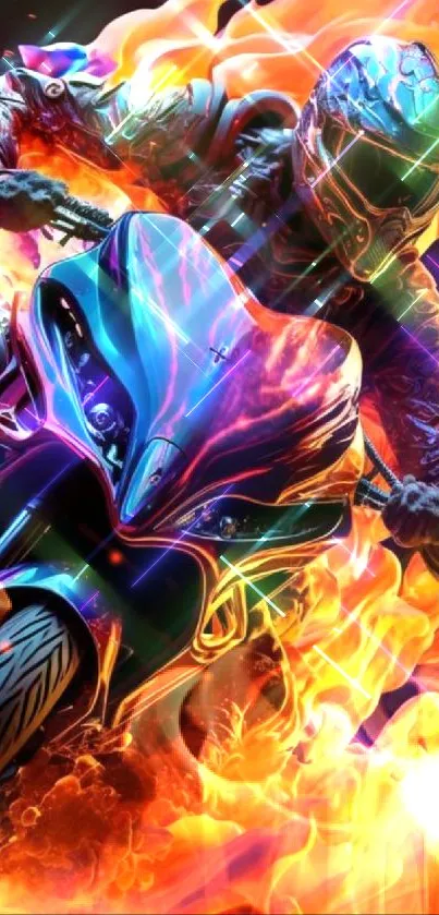 Motorcycle rider enveloped in flames, vibrant mobile wallpaper.