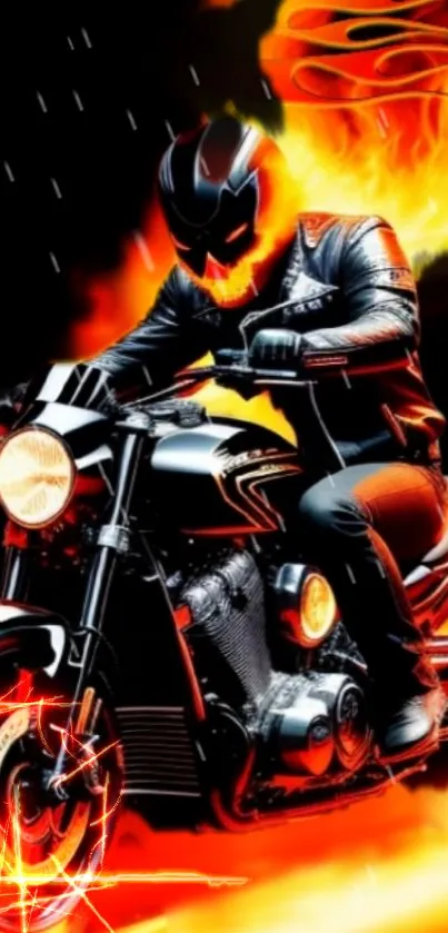 A biker with fiery flames on motorcycle.