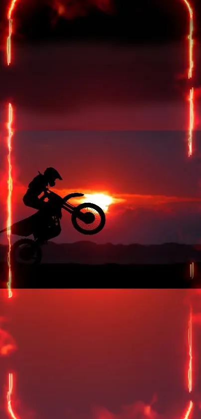 Motorcycle silhouette with fiery sunset background in a dynamic wallpaper design.