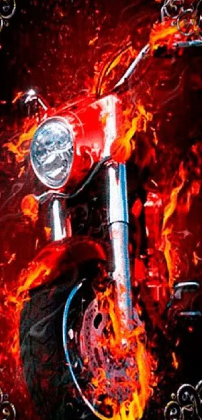 Fiery motorcycle engulfed in intense flames with a dark background.