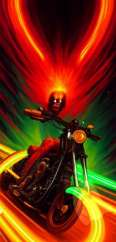 Fiery superhero rides a motorcycle with intense colors and dynamic energy.