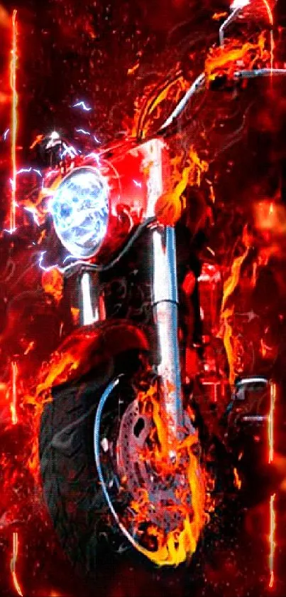 Burning motorcycle with fiery flames.