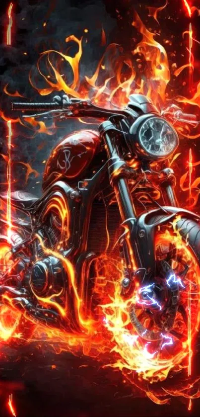 Fiery motorcycle artwork with vibrant flames on mobile wallpaper.