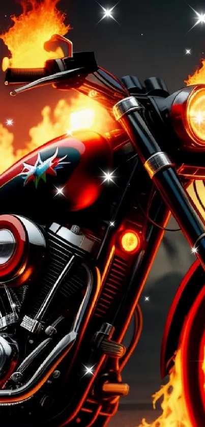 Motorcycle engulfed in vibrant flames, creating a dynamic and fiery scene.