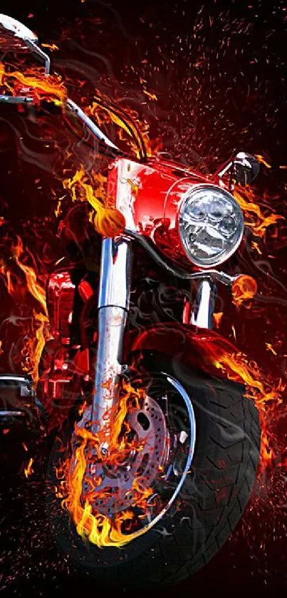 Fiery red motorcycle engulfed in vibrant flames.