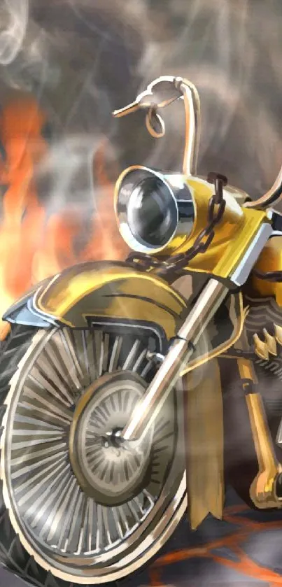 Fierce motorcycle surrounded by flames and chains.