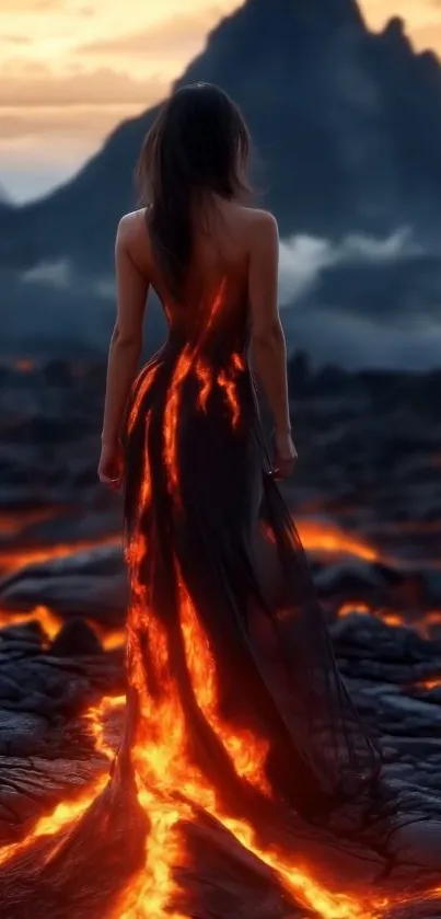 A lone figure in a fiery landscape with flowing lava and mountainous background.