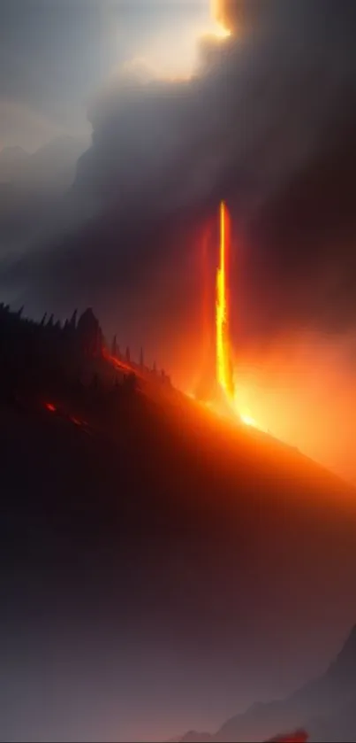 Fiery orange volcanic mountain landscape with glowing lava stream.